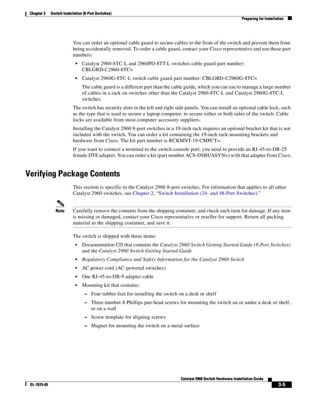 Cisco Systems 2960 specifications Verifying Package Contents 