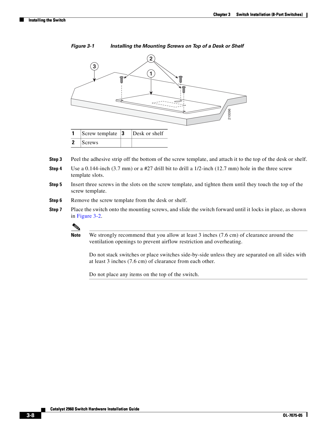 Cisco Systems 2960 specifications 1 Installing the Mounting Screws on Top of a Desk or Shelf 