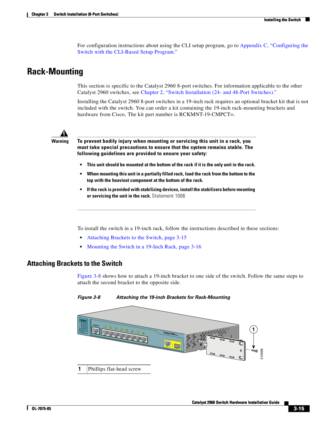 Cisco Systems 2960 Attaching Brackets to the Switch, page, Mounting the Switch in a 19-Inch Rack, page, 3-15 