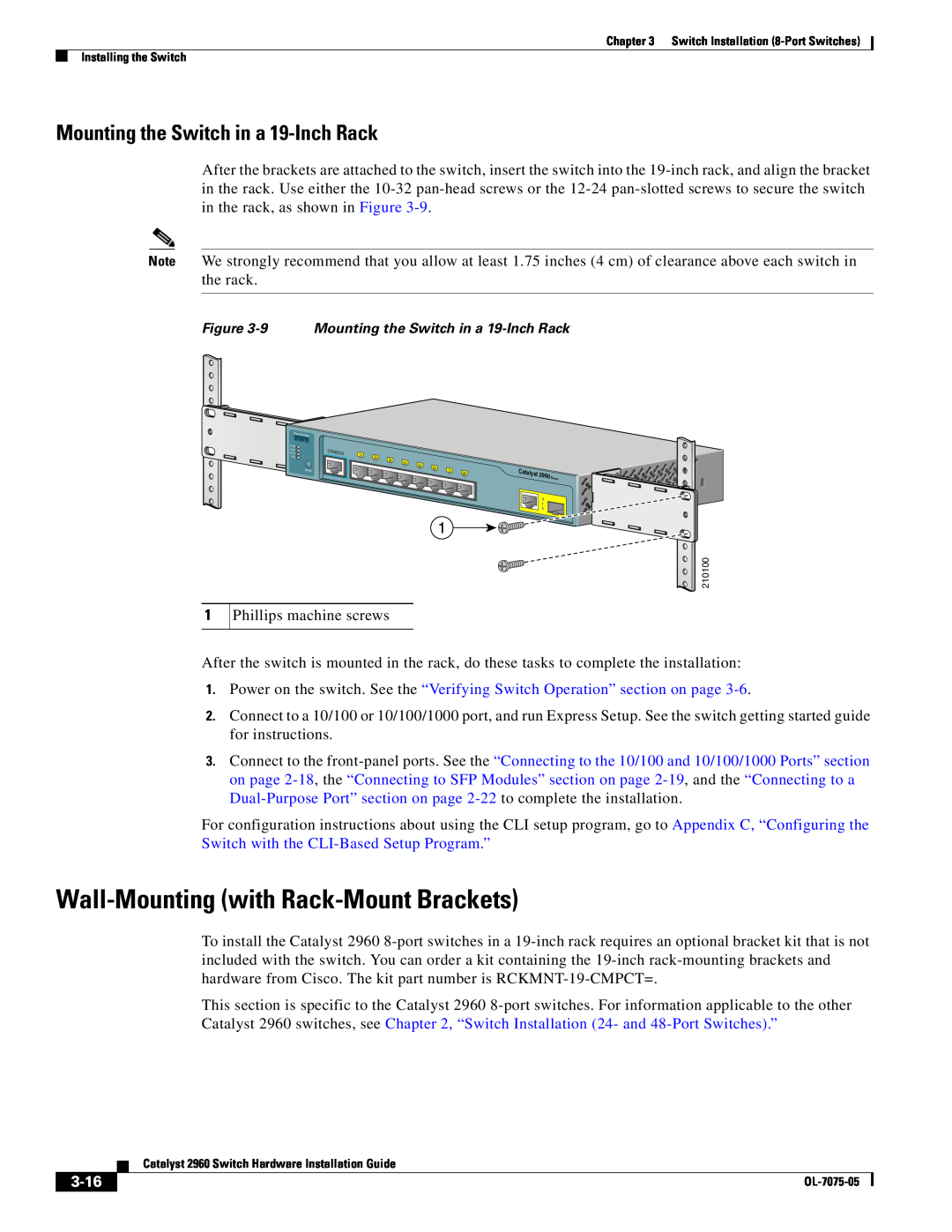 Cisco Systems 2960 specifications Wall-Mounting with Rack-Mount Brackets, Mounting the Switch in a 19-Inch Rack, 3-16 