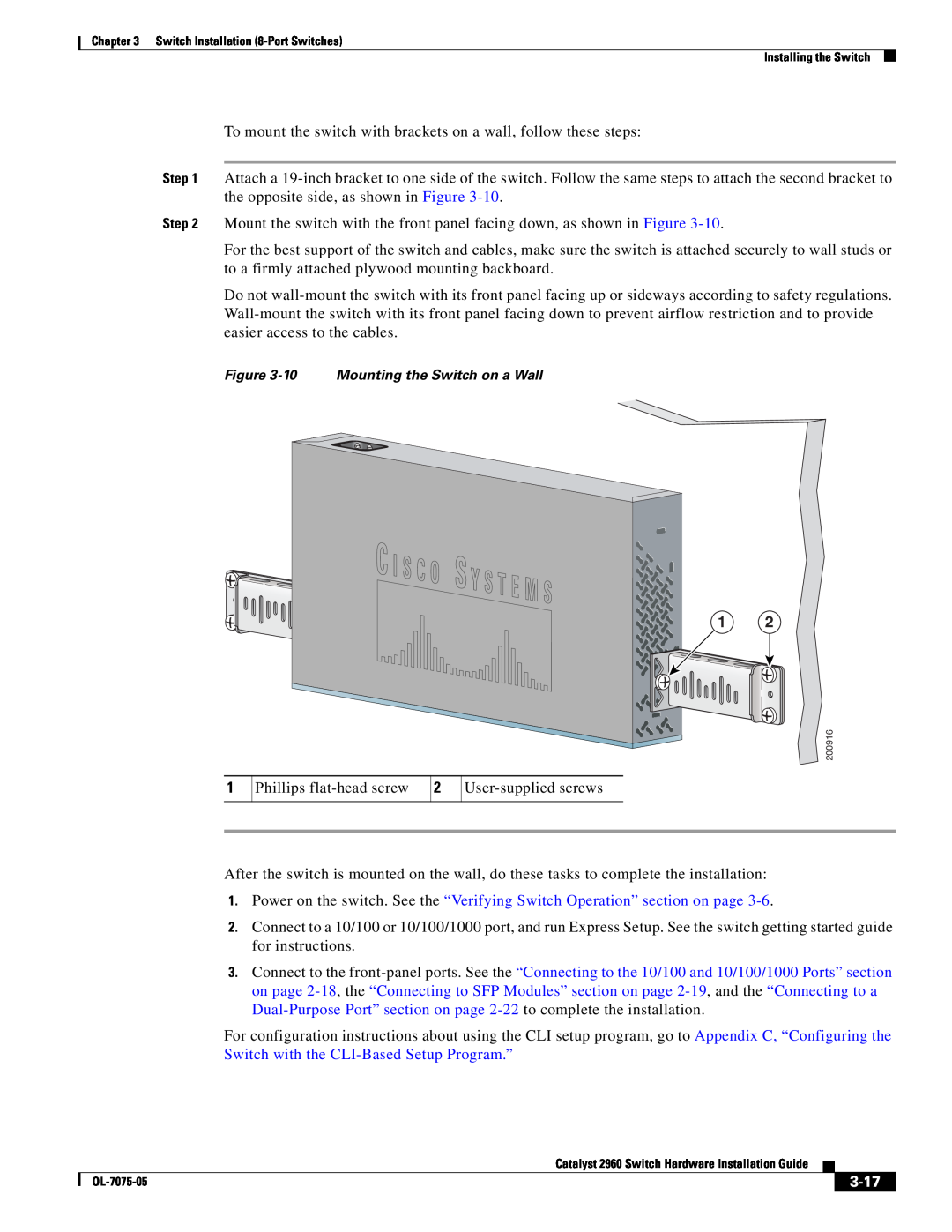 Cisco Systems 2960 specifications 3-17, 10 Mounting the Switch on a Wall 