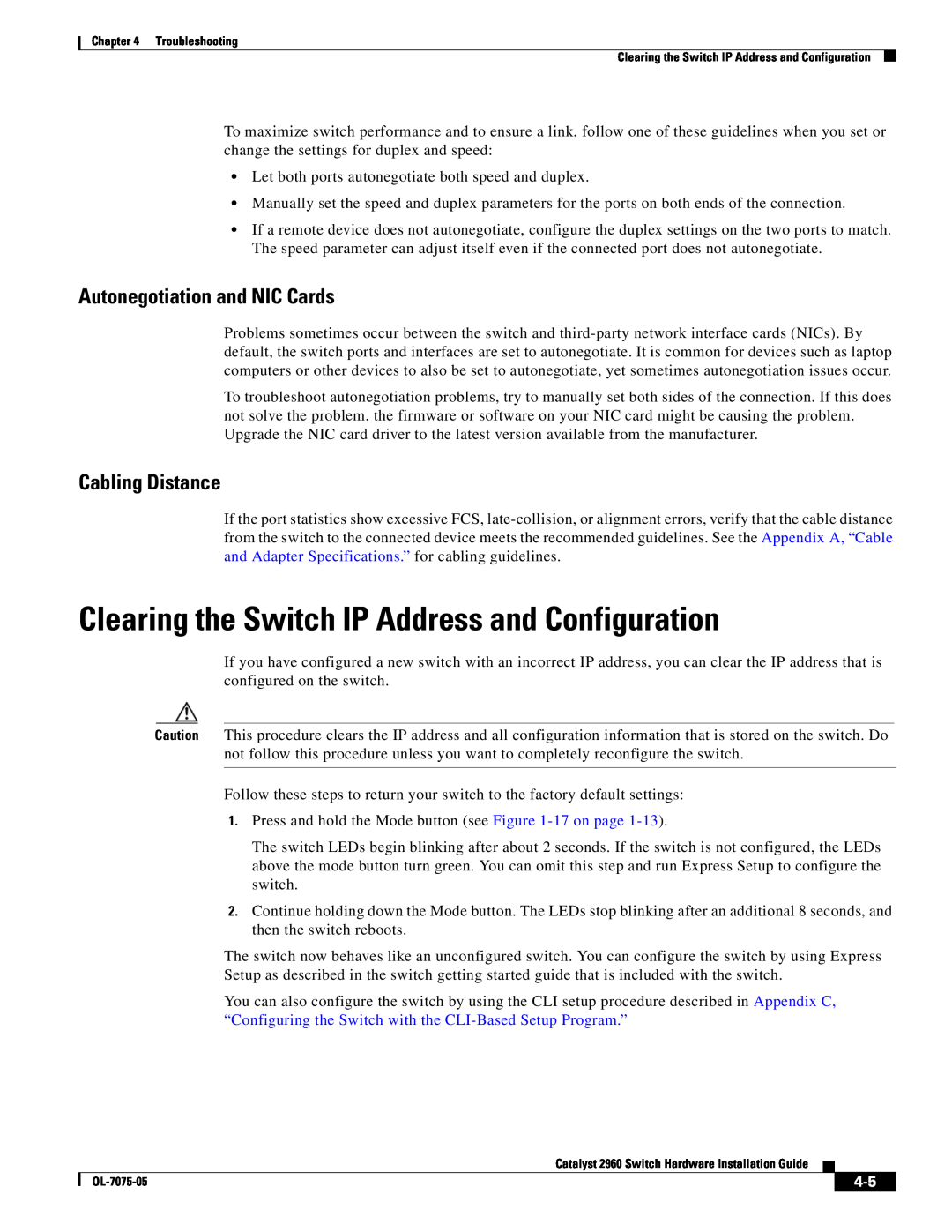 Cisco Systems 2960 Clearing the Switch IP Address and Configuration, Autonegotiation and NIC Cards, Cabling Distance 