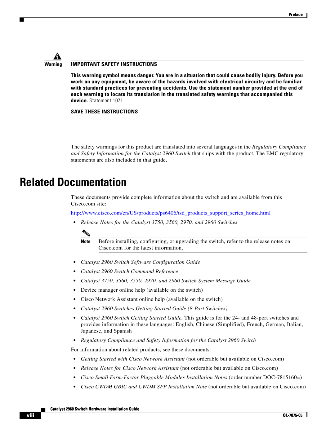 Cisco Systems 2960 Related Documentation, Warning IMPORTANT SAFETY INSTRUCTIONS, Save These Instructions, viii 