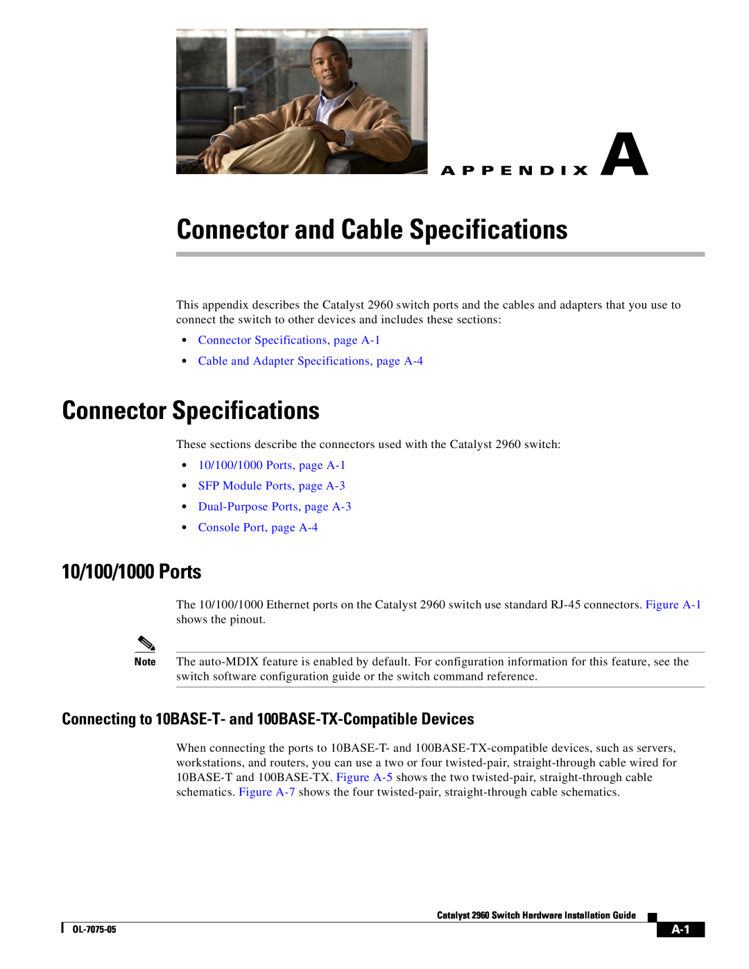 Cisco Systems 2960 Connector and Cable Specifications, Connector Specifications, A P P E N D I X A, 10/100/1000 Ports 
