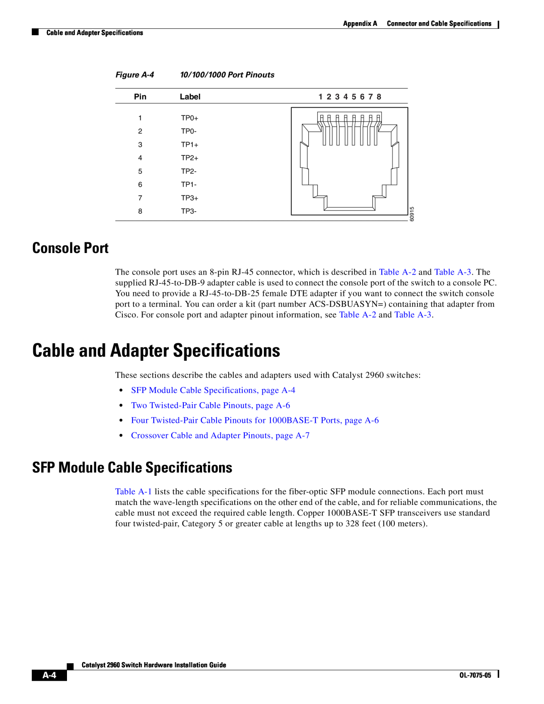 Cisco Systems 2960 specifications Cable and Adapter Specifications, SFP Module Cable Specifications, Console Port 