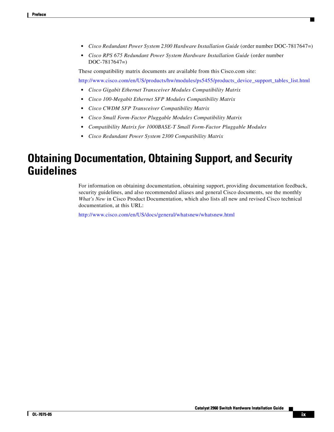 Cisco Systems 2960 specifications Obtaining Documentation, Obtaining Support, and Security Guidelines 