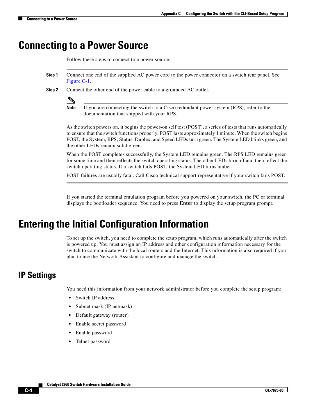 Cisco Systems 2960 specifications Connecting to a Power Source, Entering the Initial Configuration Information, IP Settings 