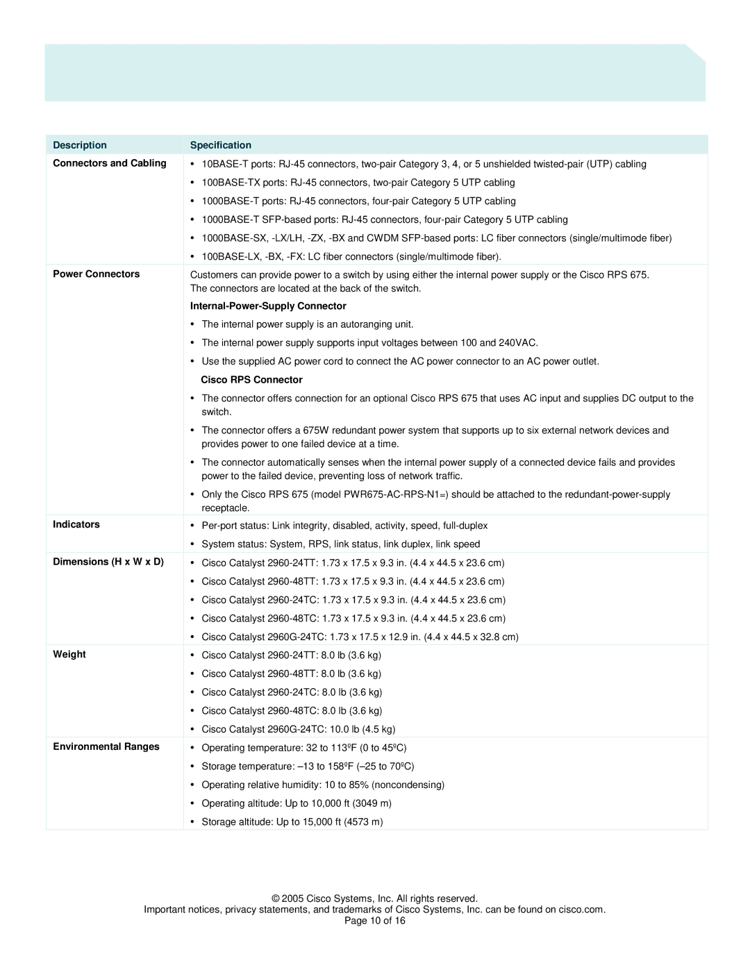 Cisco Systems 2960 manual Description Specification 