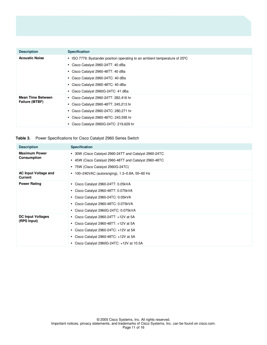 Cisco Systems manual Power Specifications for Cisco Catalyst 2960 Series Switch 