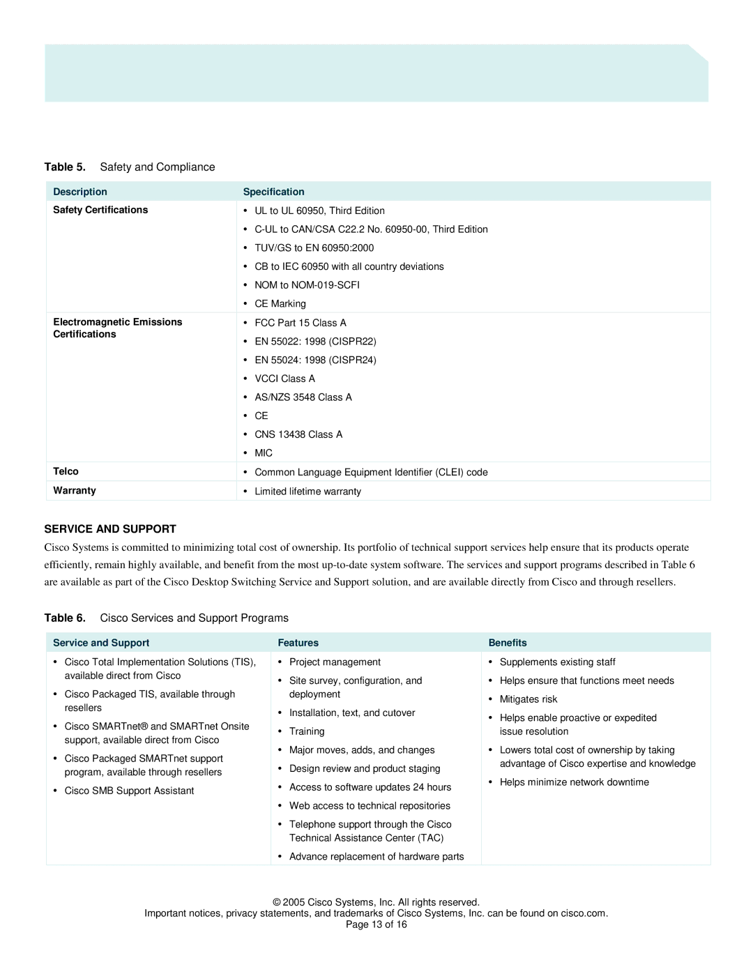 Cisco Systems 2960 manual Safety and Compliance, Service and Support, Cisco Services and Support Programs 