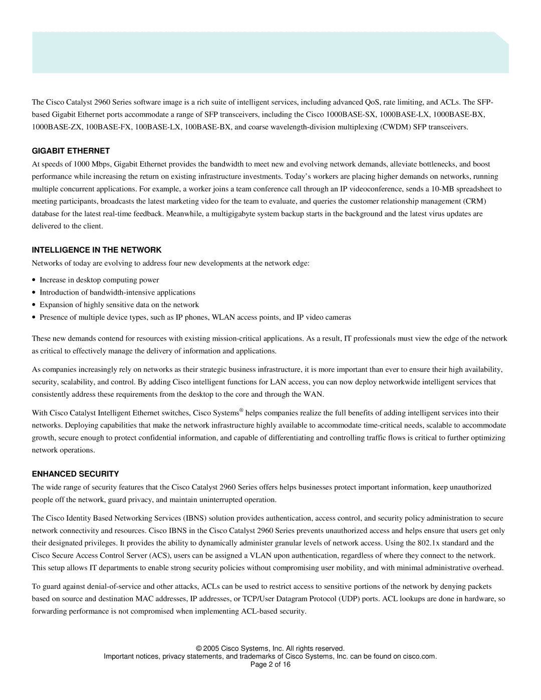 Cisco Systems 2960 manual Gigabit Ethernet, Intelligence in the Network, Enhanced Security 