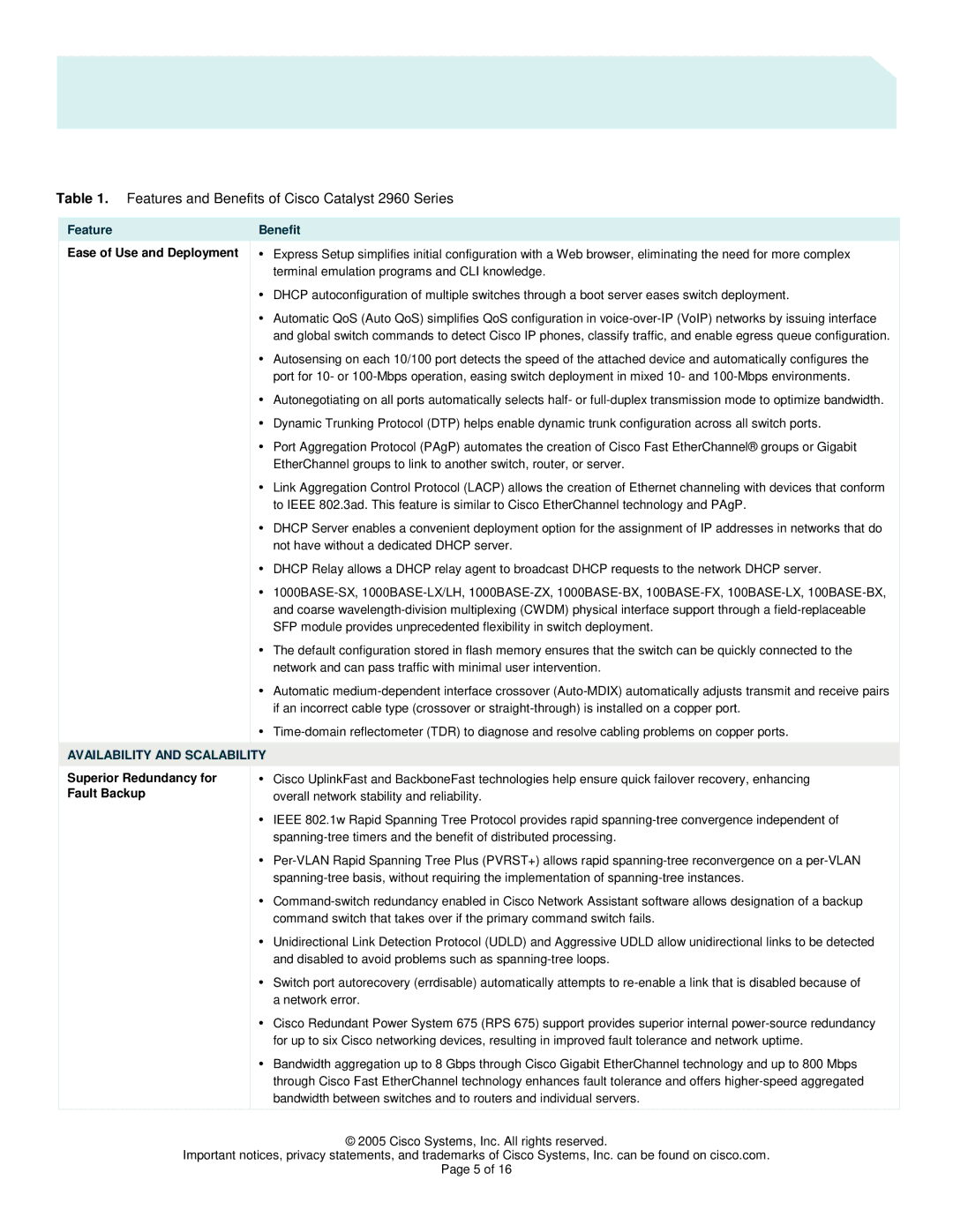 Cisco Systems manual Features and Benefits of Cisco Catalyst 2960 Series, Ease of Use and Deployment 