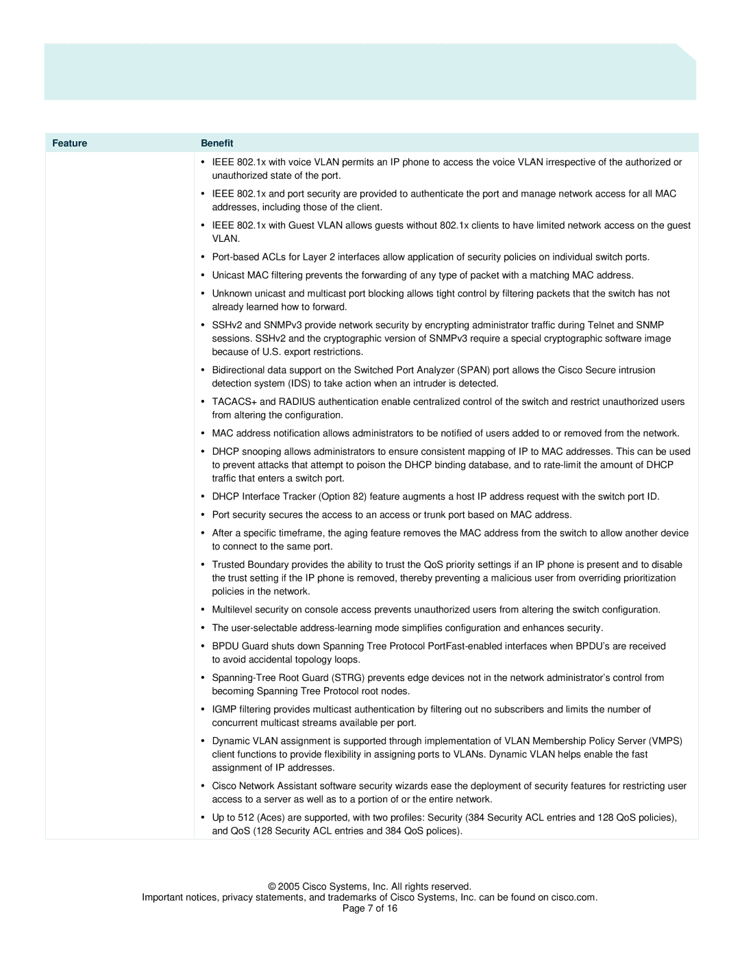 Cisco Systems 2960 manual Feature Benefit, Vlan 