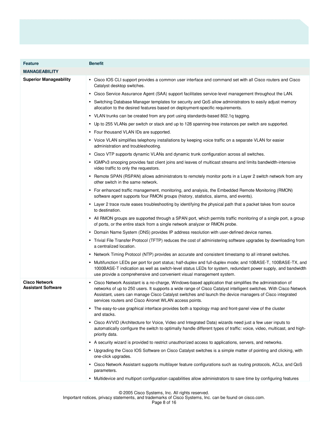 Cisco Systems 2960 manual Manageability, Cisco Network 