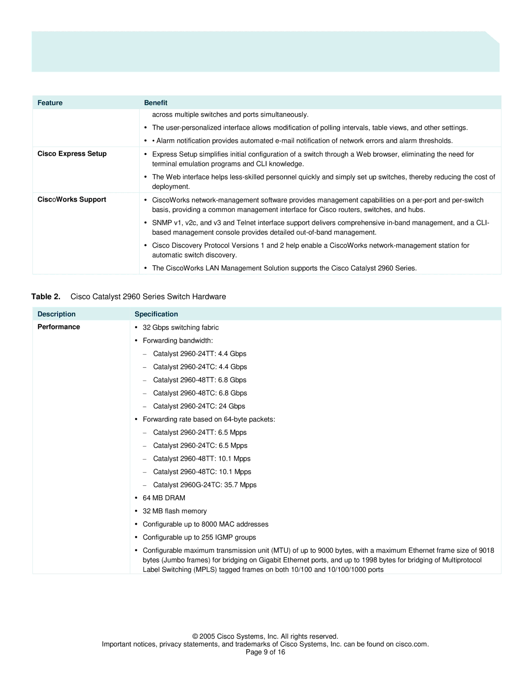 Cisco Systems manual Cisco Catalyst 2960 Series Switch Hardware, Description, Specification 