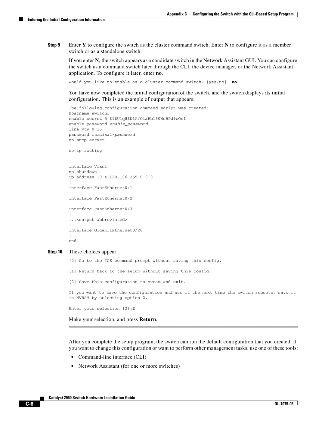 Cisco Systems 2960 specifications These choices appear 