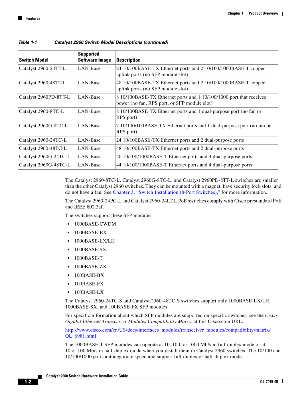 Cisco Systems 2960 specifications 1000BASE-CWDM 