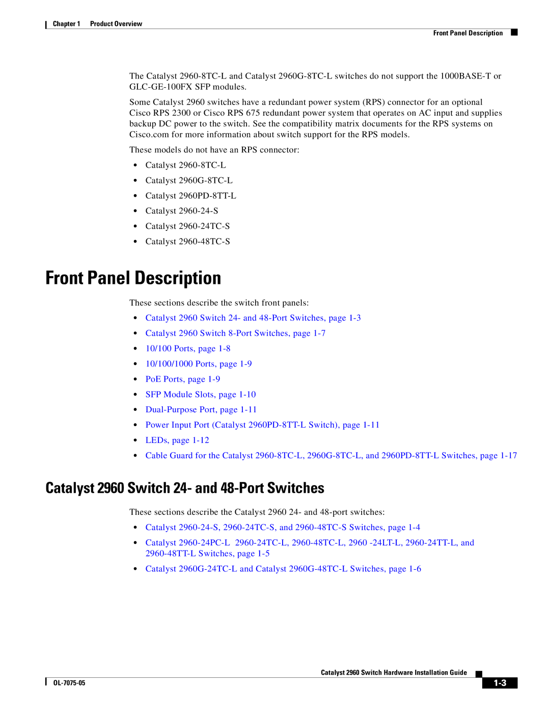 Cisco Systems specifications Front Panel Description, Catalyst 2960 Switch 24- and 48-Port Switches 