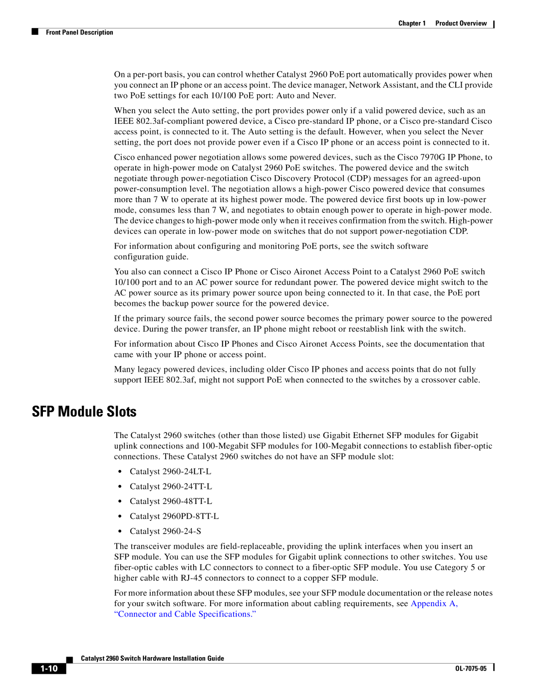 Cisco Systems 2960 specifications SFP Module Slots 