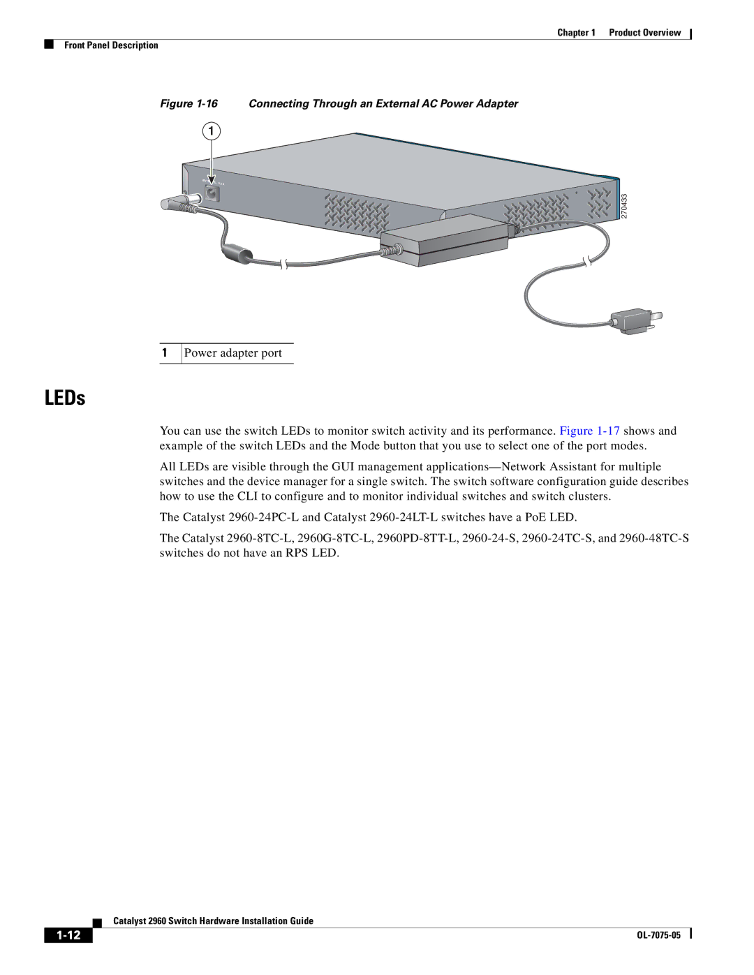 Cisco Systems 2960 specifications LEDs, Connecting Through an External AC Power Adapter 