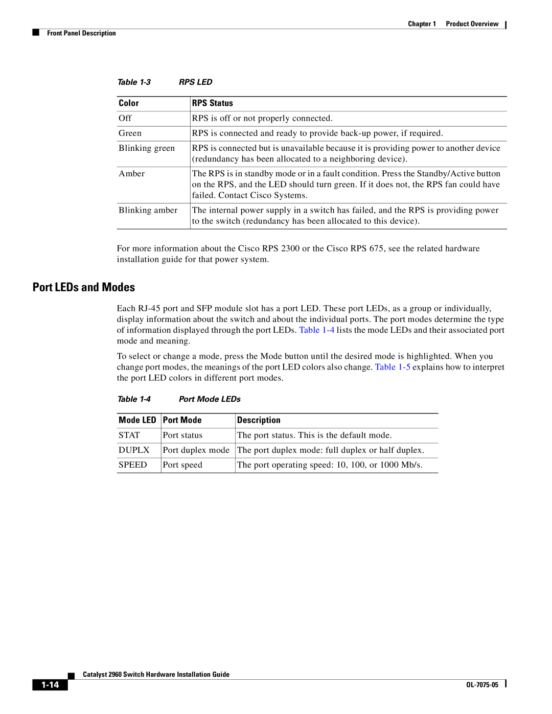 Cisco Systems 2960 specifications Port LEDs and Modes, Port status Port status. This is the default mode 