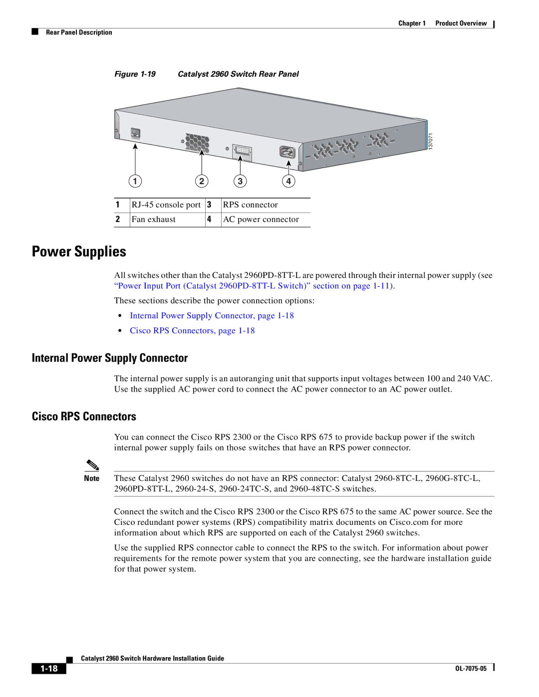 Cisco Systems 2960 specifications Power Supplies, Internal Power Supply Connector, Cisco RPS Connectors 