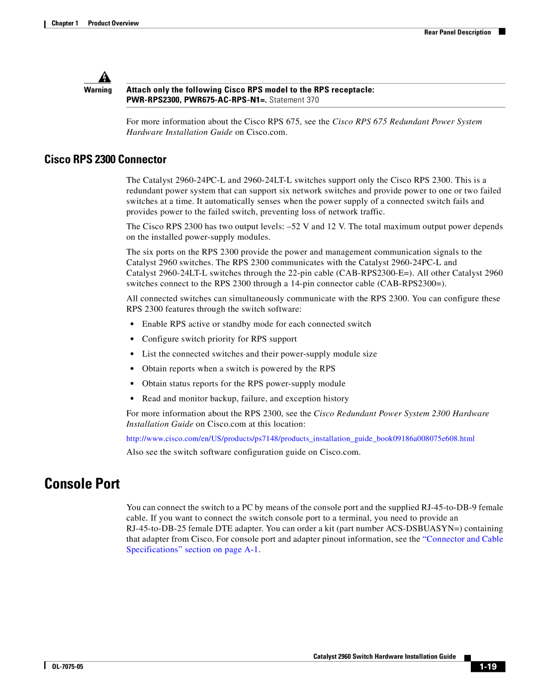 Cisco Systems 2960 specifications Console Port, Cisco RPS 2300 Connector 