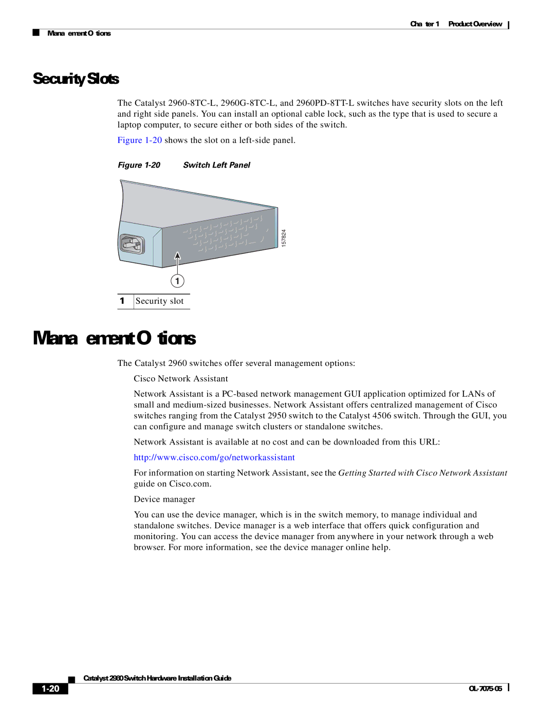 Cisco Systems 2960 specifications Management Options, Security Slots, Security slot 