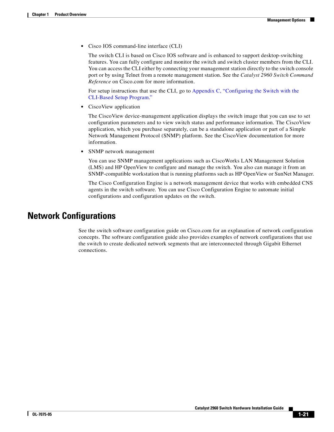 Cisco Systems 2960 specifications Network Configurations 