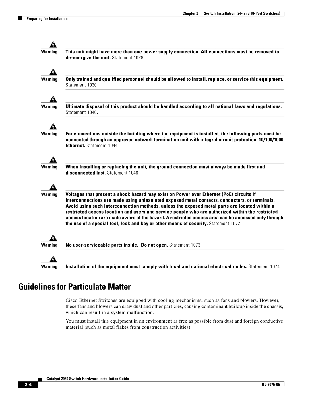 Cisco Systems 2960 specifications Guidelines for Particulate Matter 