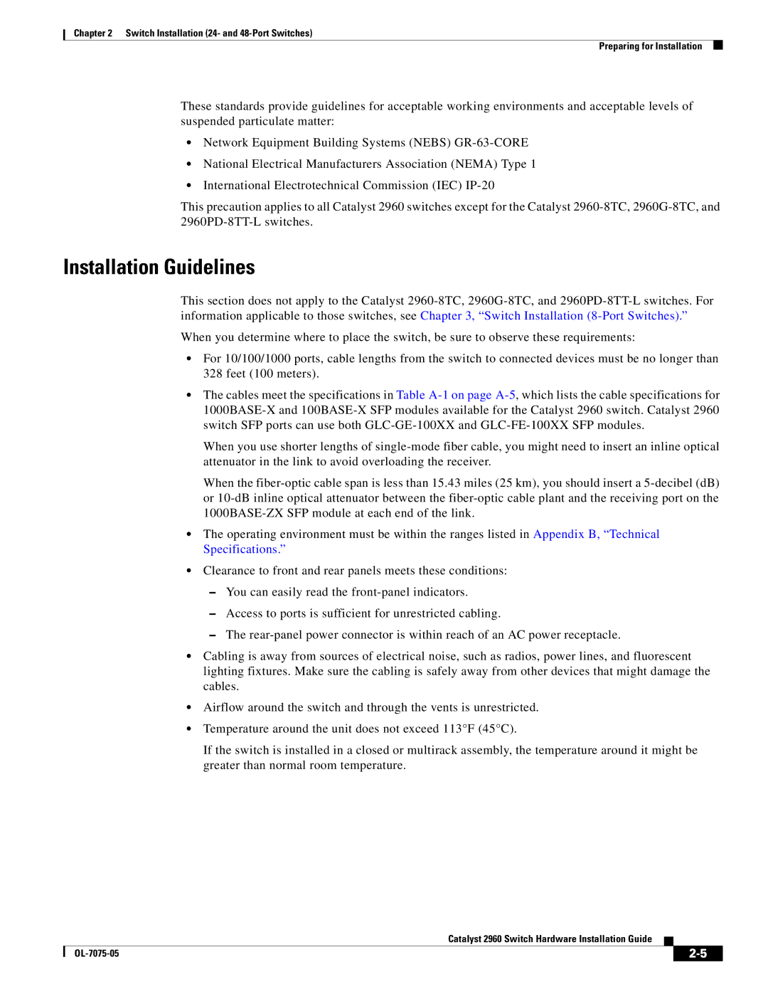 Cisco Systems 2960 specifications Installation Guidelines 