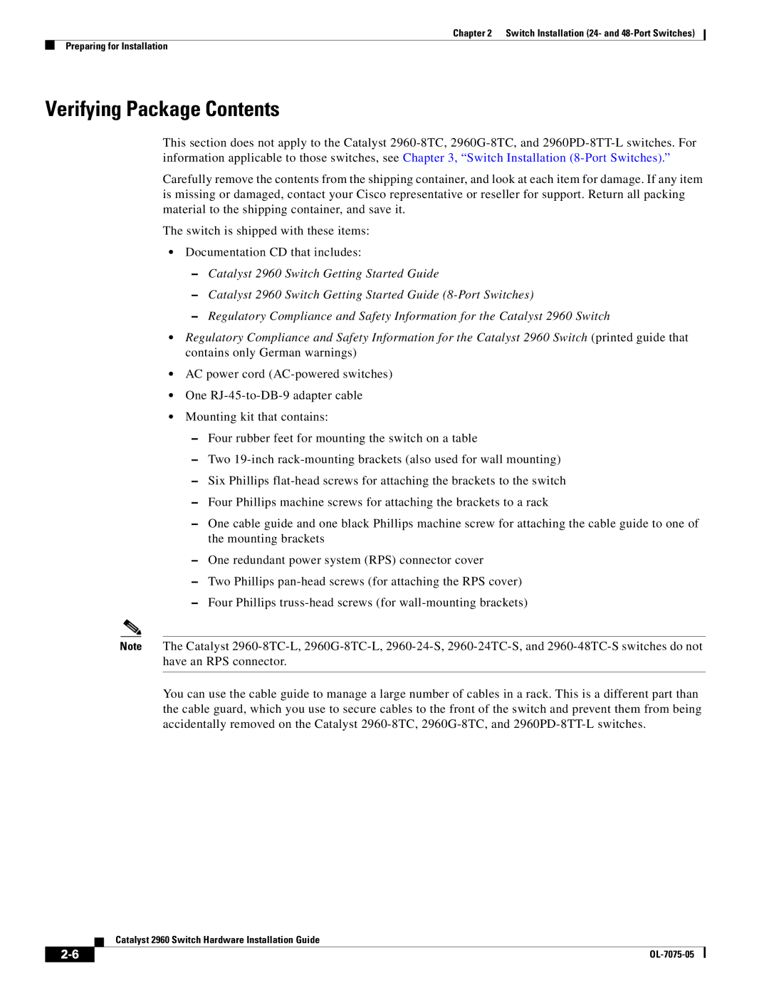 Cisco Systems 2960 specifications Verifying Package Contents 