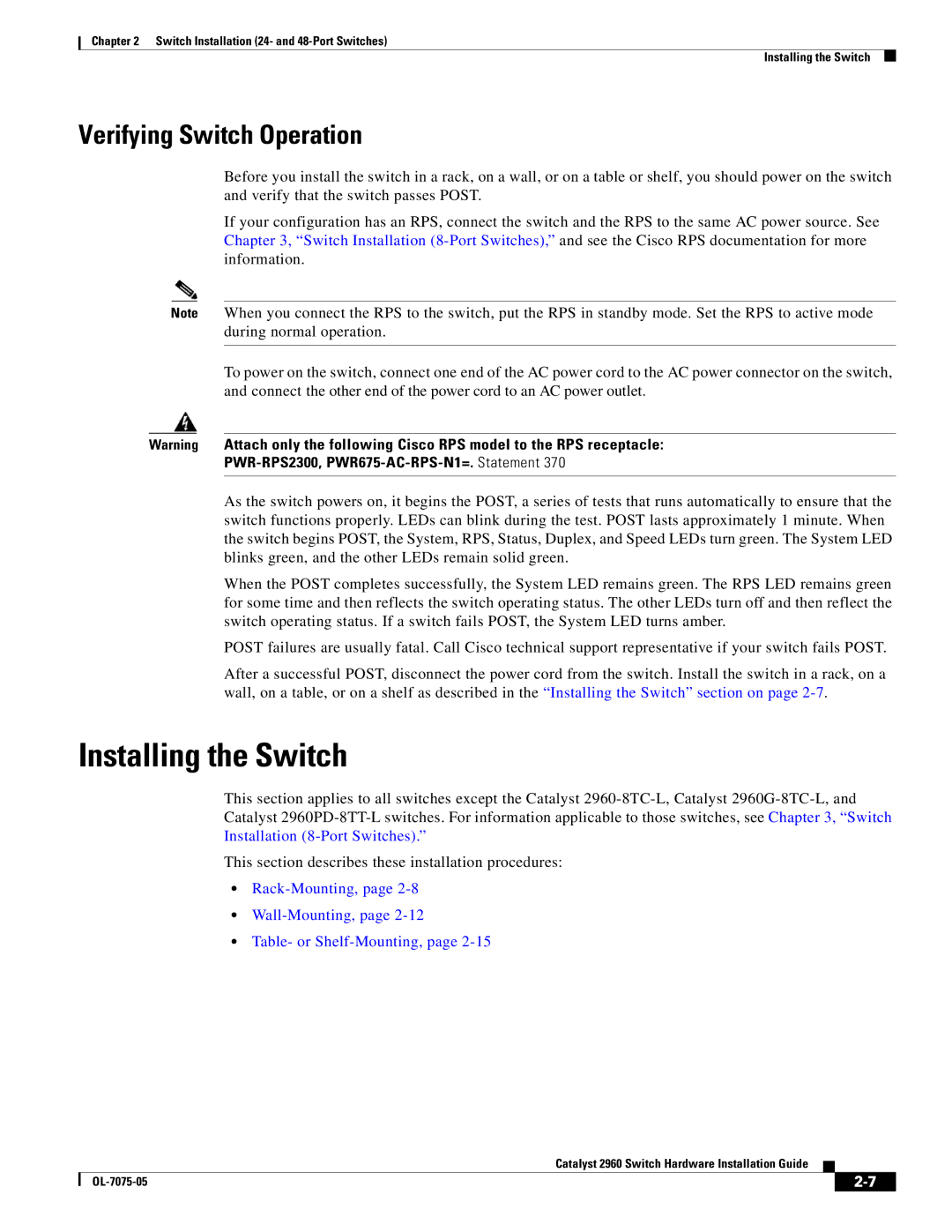 Cisco Systems 2960 specifications Installing the Switch, Verifying Switch Operation 