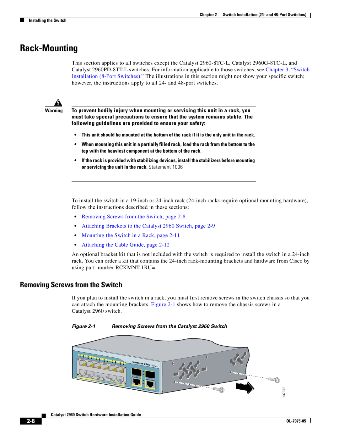 Cisco Systems 2960 specifications Rack-Mounting, Removing Screws from the Switch 