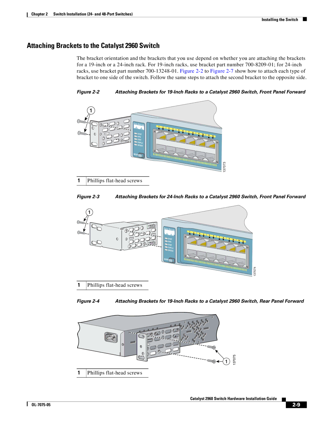 Cisco Systems specifications Attaching Brackets to the Catalyst 2960 Switch, Phillips flat-head screws 