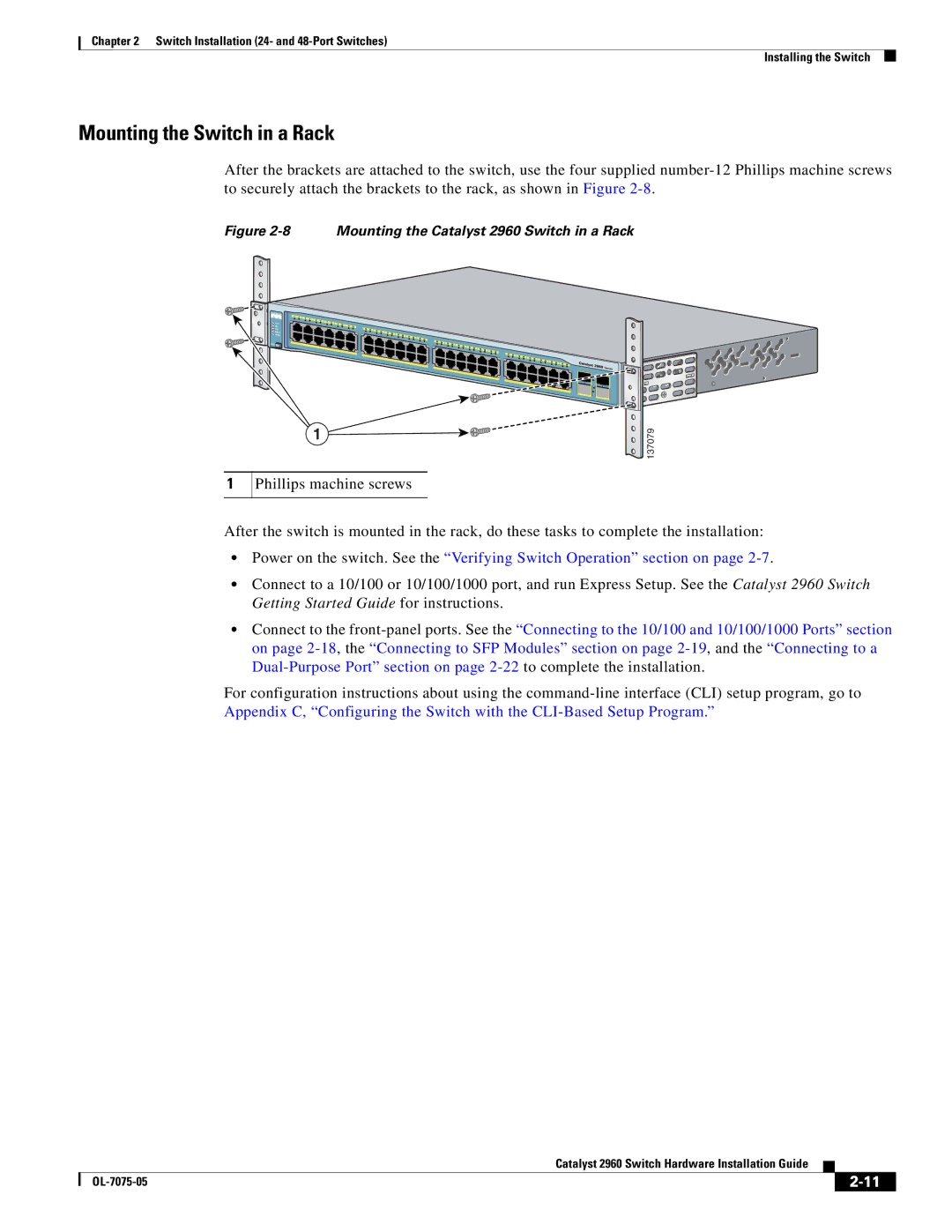 Cisco Systems 2960 specifications Mounting the Switch in a Rack, Phillips machine screws 