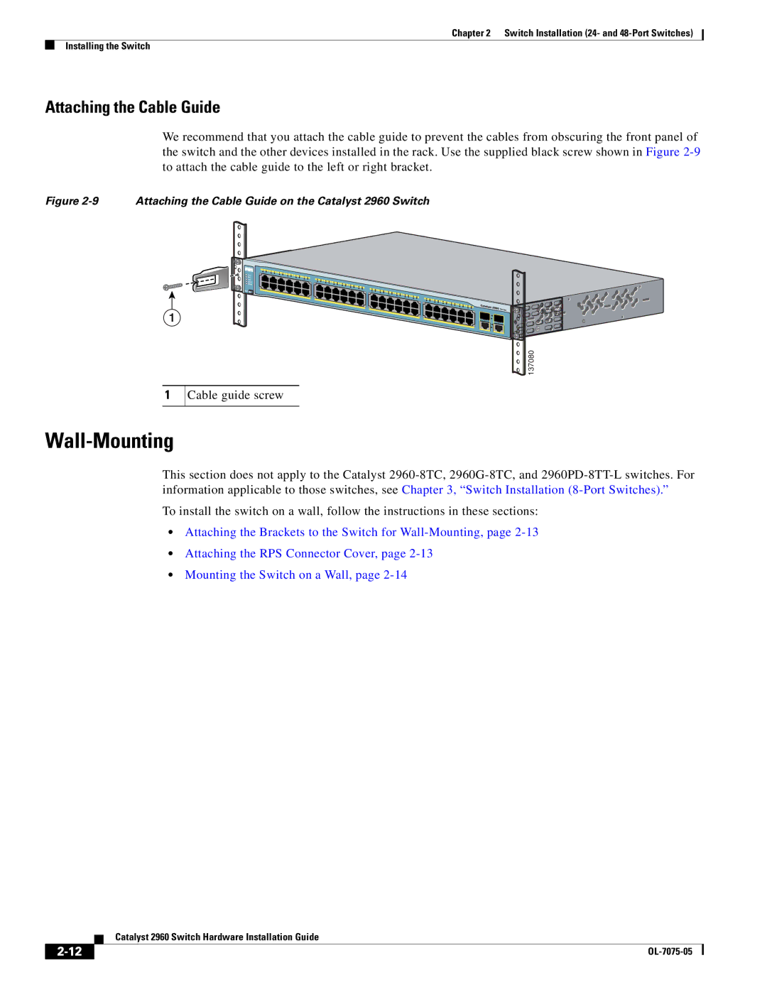 Cisco Systems 2960 specifications Wall-Mounting, Attaching the Cable Guide, Cable guide screw 