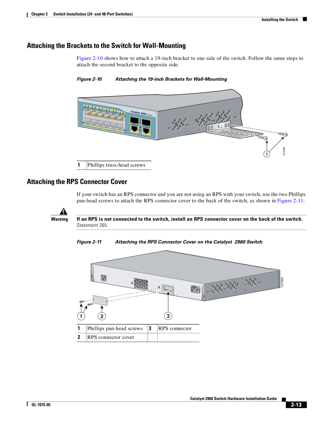 Cisco Systems 2960 specifications Attaching the Brackets to the Switch for Wall-Mounting, Attaching the RPS Connector Cover 