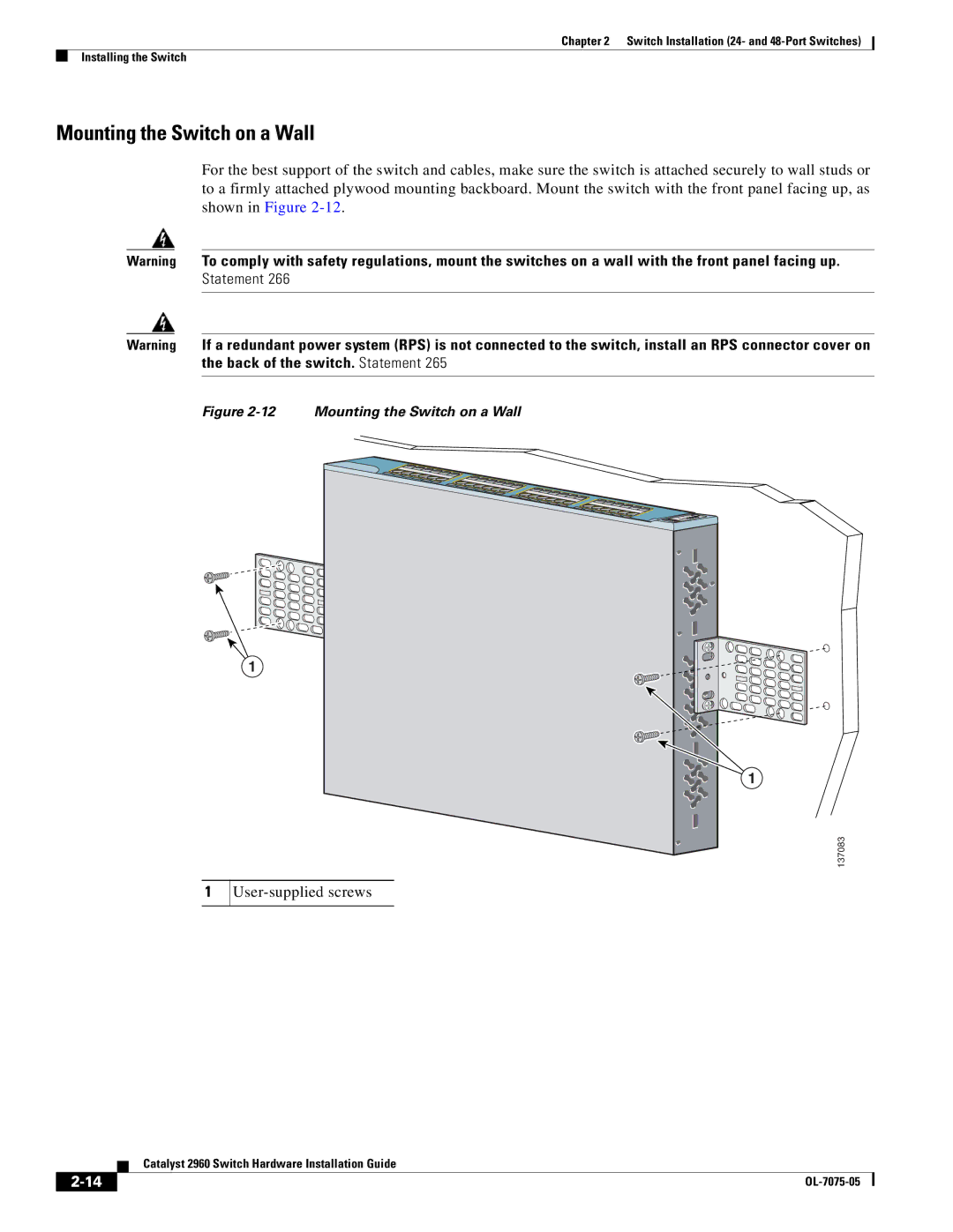 Cisco Systems 2960 specifications Mounting the Switch on a Wall, User-supplied screws 