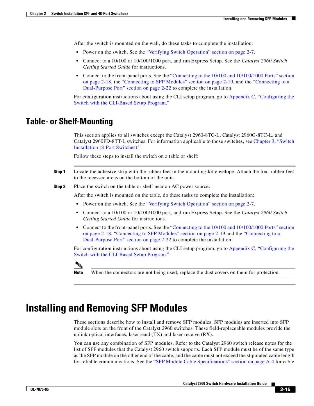 Cisco Systems 2960 specifications Installing and Removing SFP Modules, Table- or Shelf-Mounting 