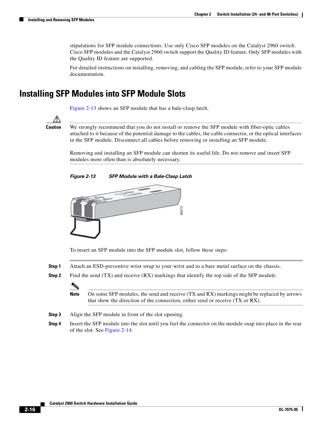 Cisco Systems 2960 specifications Installing SFP Modules into SFP Module Slots, SFP Module with a Bale-Clasp Latch 