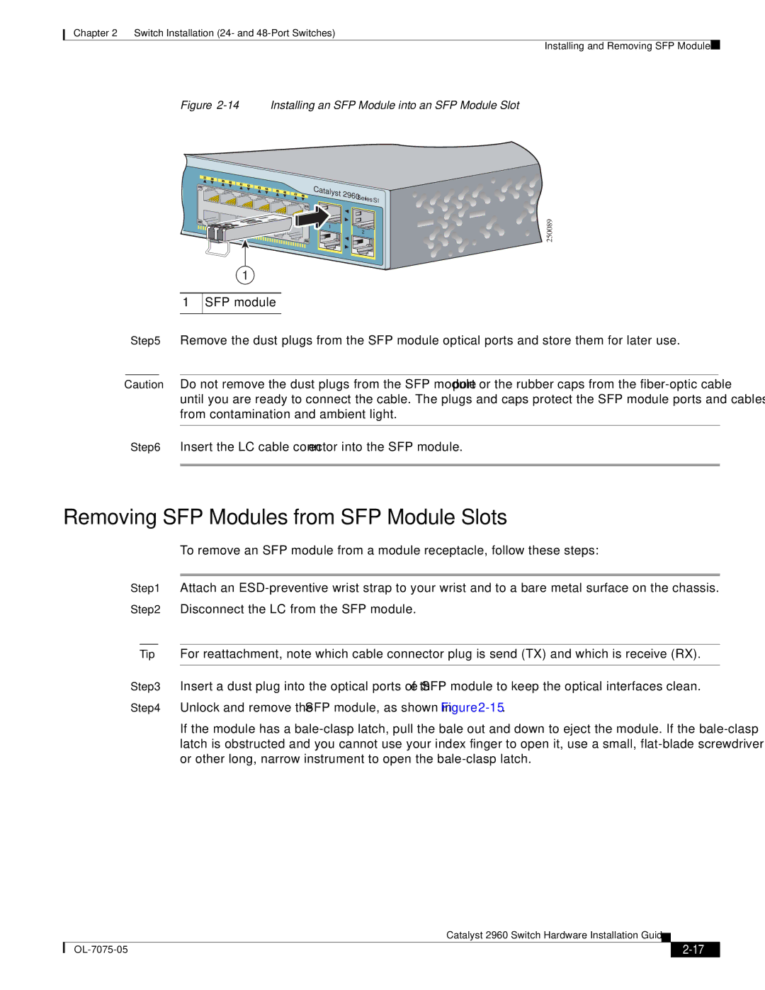 Cisco Systems 2960 specifications Removing SFP Modules from SFP Module Slots, SFP module 