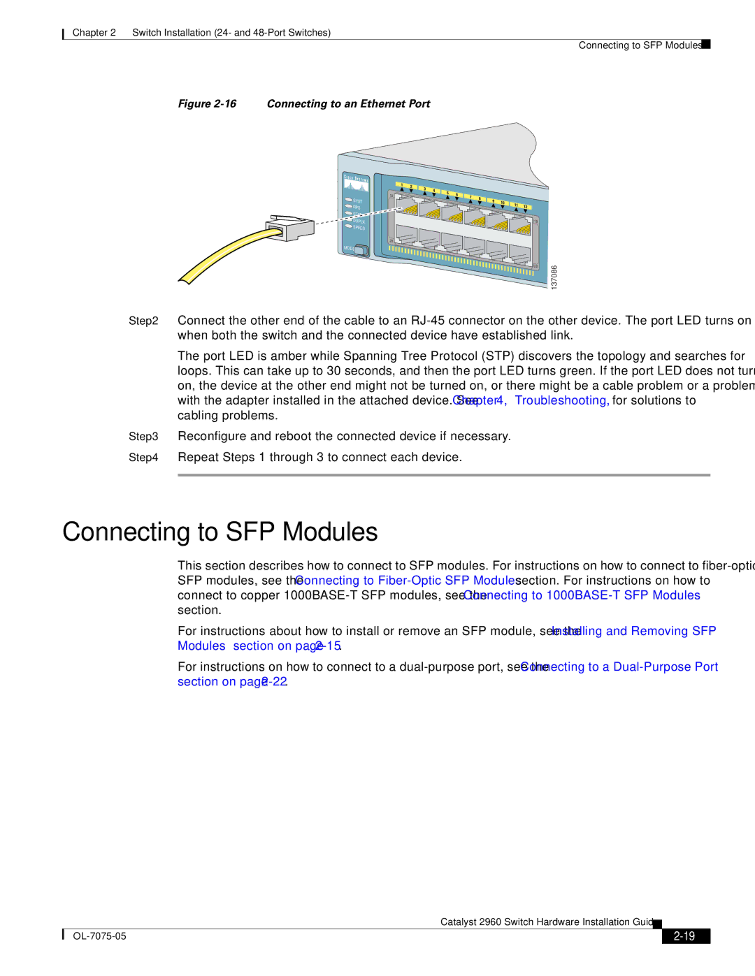 Cisco Systems 2960 specifications Connecting to SFP Modules, Connecting to an Ethernet Port 