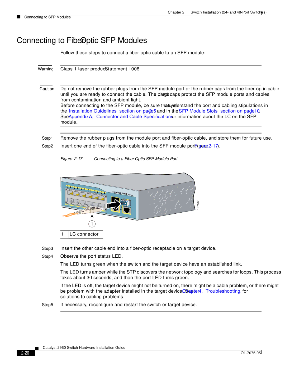 Cisco Systems 2960 specifications Connecting to Fiber-Optic SFP Modules, Connecting to a Fiber-Optic SFP Module Port 