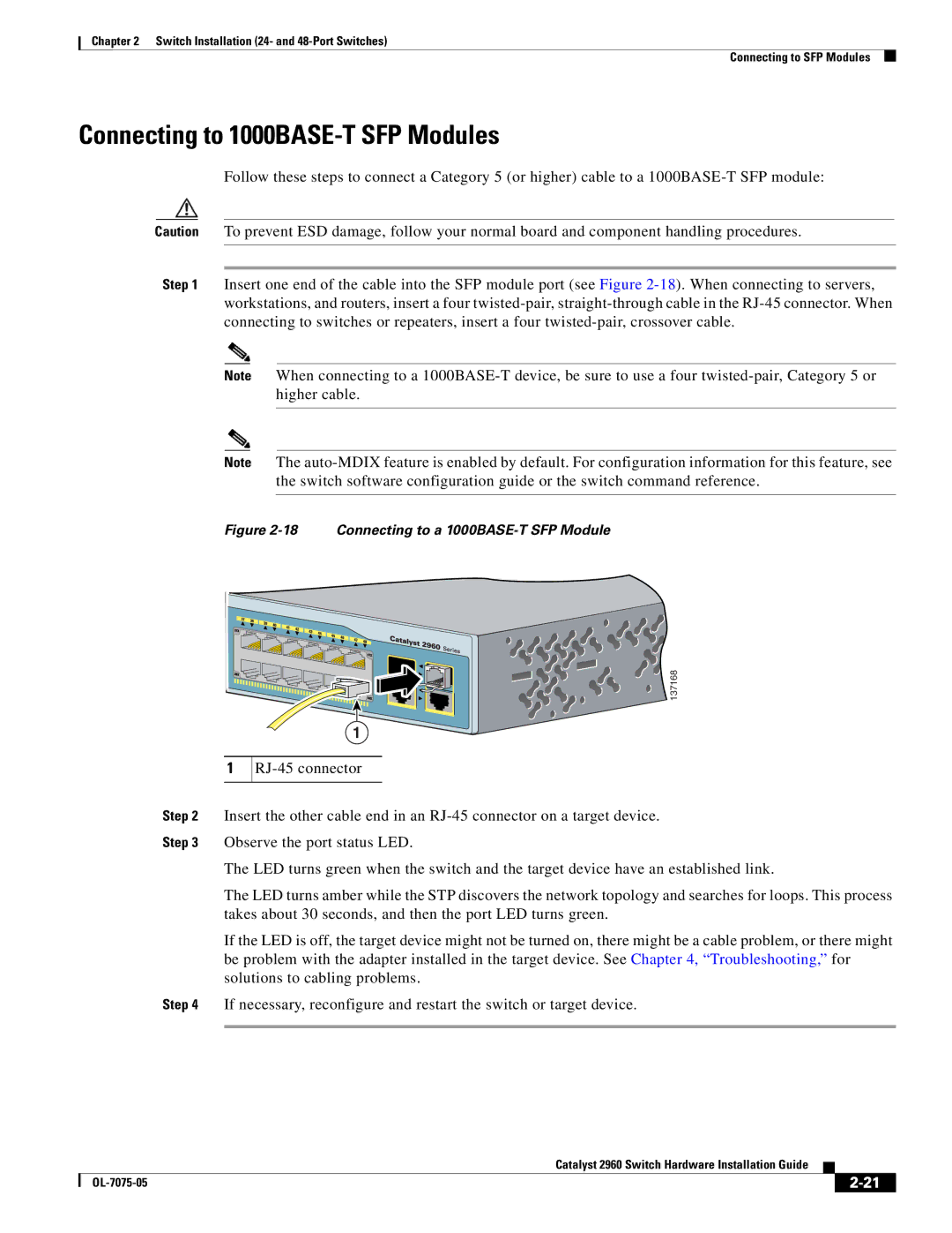 Cisco Systems 2960 specifications Connecting to 1000BASE-T SFP Modules, Connecting to a 1000BASE-T SFP Module 