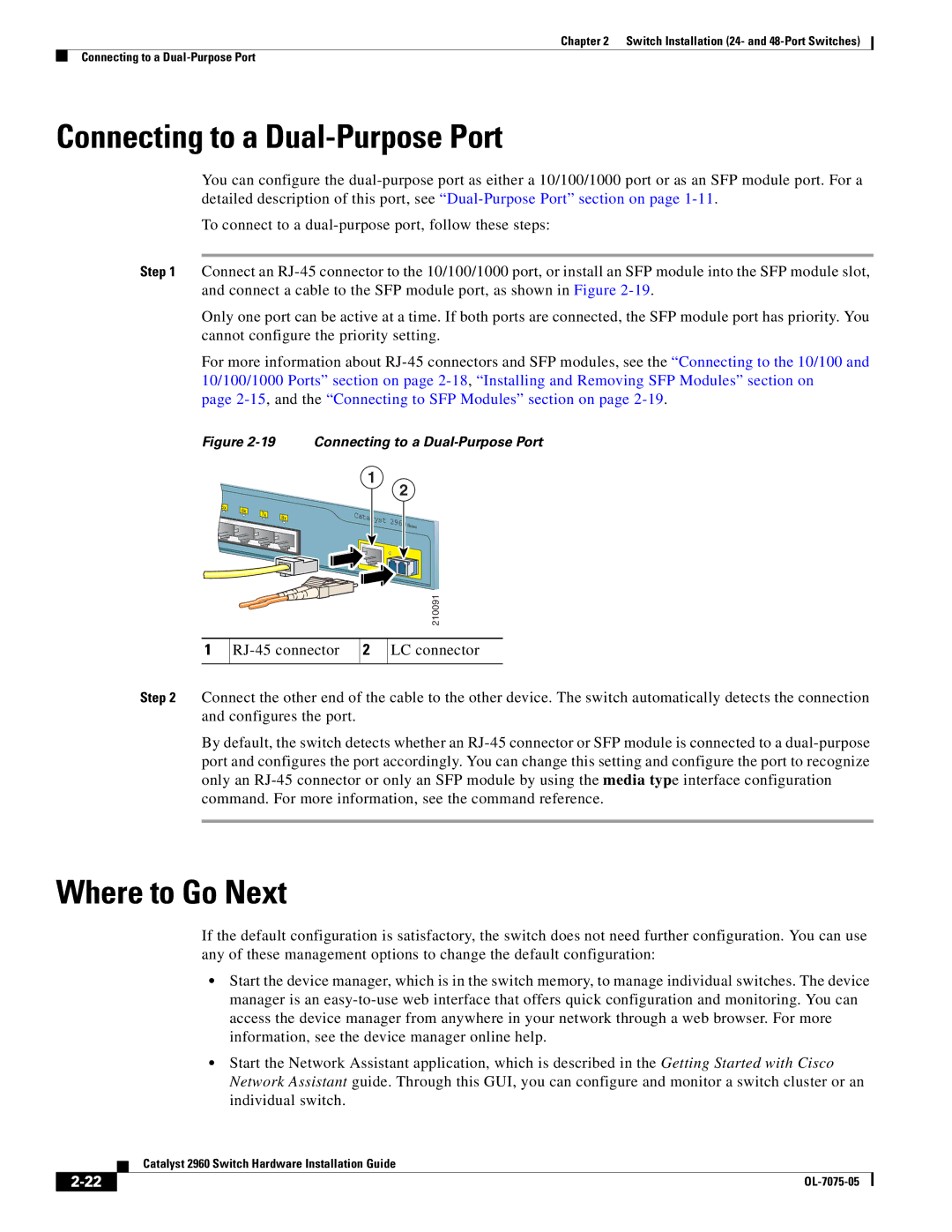 Cisco Systems 2960 specifications Connecting to a Dual-Purpose Port, Where to Go Next 