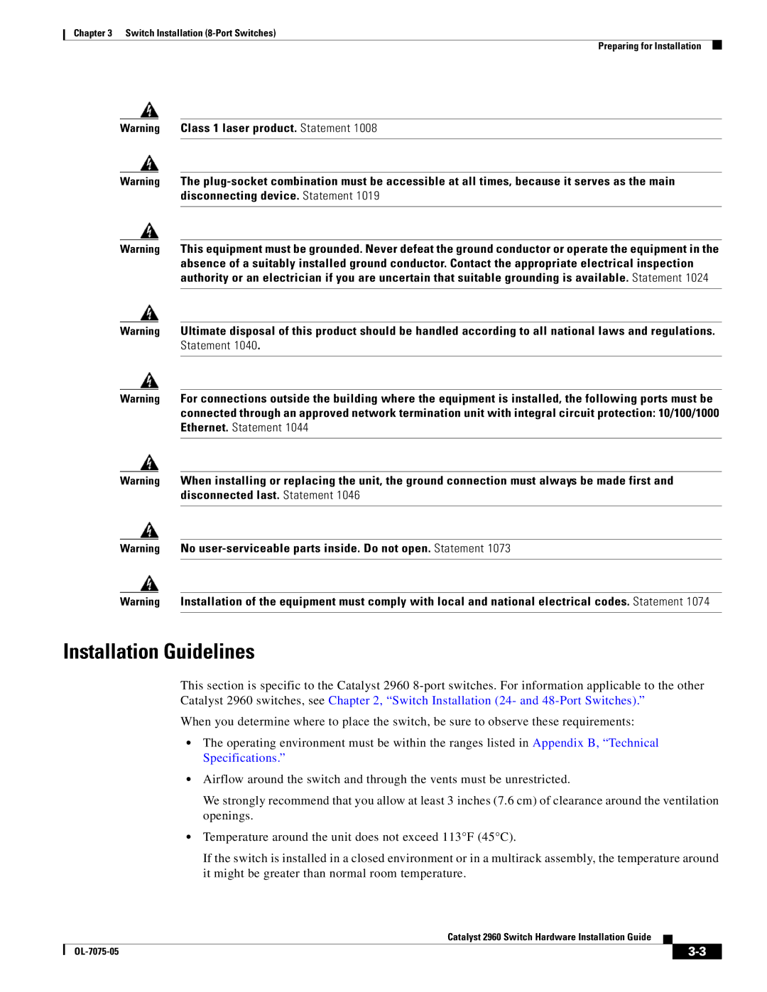 Cisco Systems 2960 specifications Installation Guidelines 