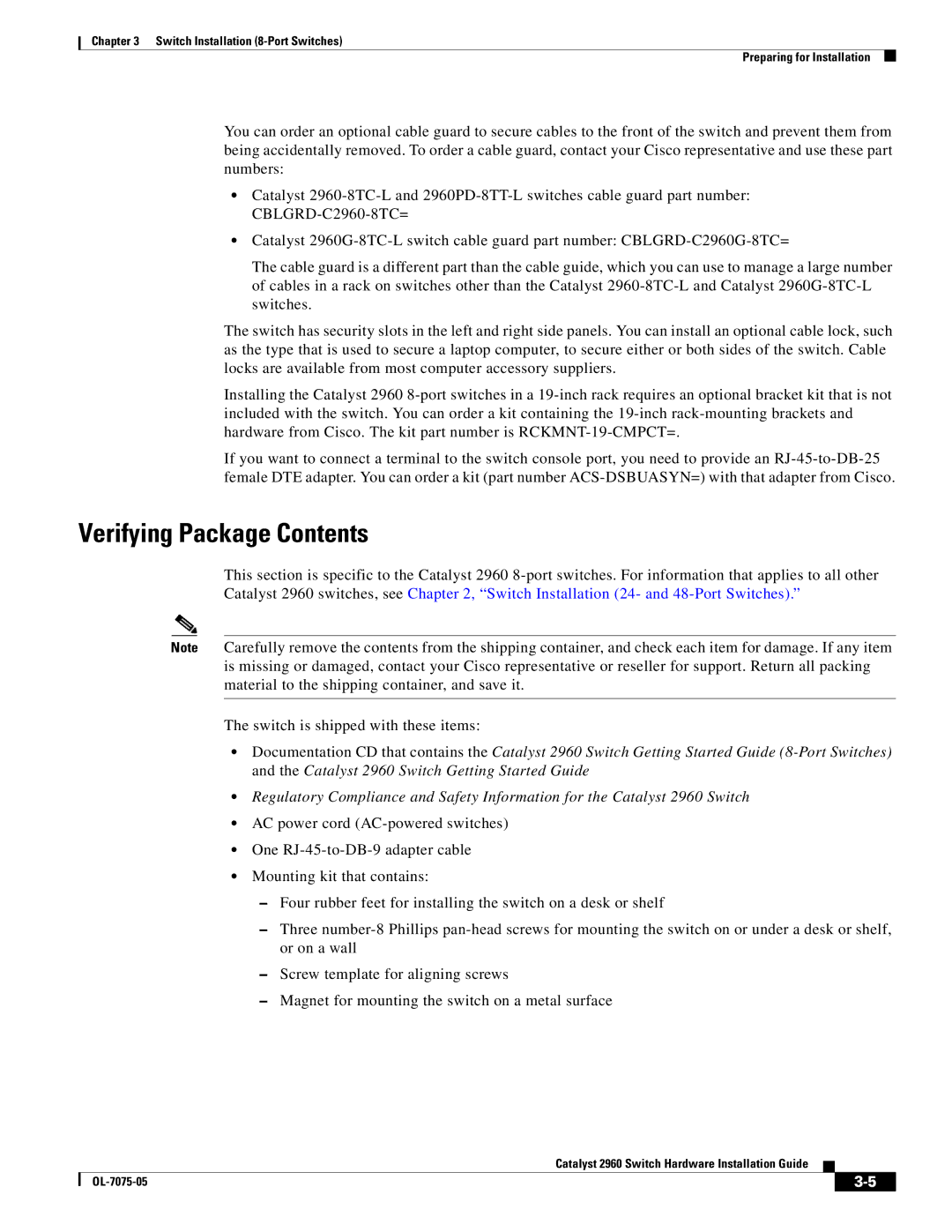 Cisco Systems 2960 specifications Verifying Package Contents 