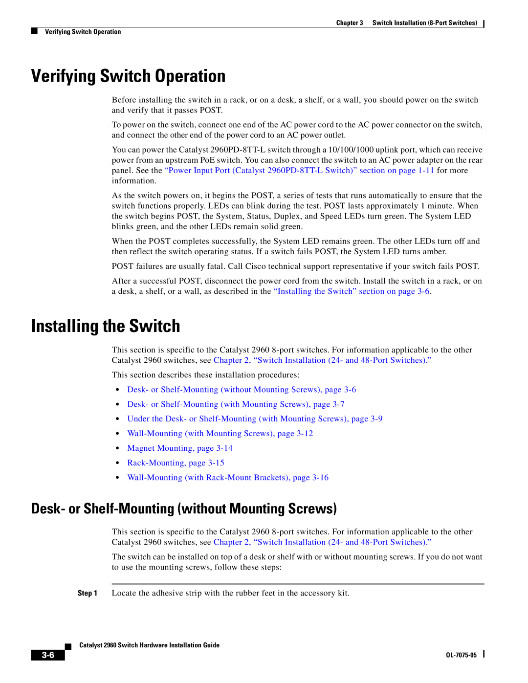 Cisco Systems 2960 specifications Verifying Switch Operation, Desk- or Shelf-Mounting without Mounting Screws 