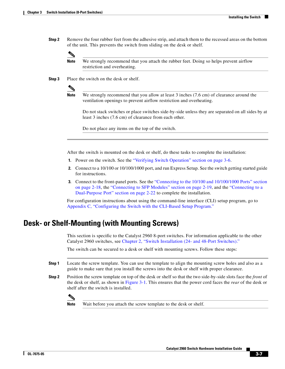 Cisco Systems 2960 specifications Desk- or Shelf-Mounting with Mounting Screws 